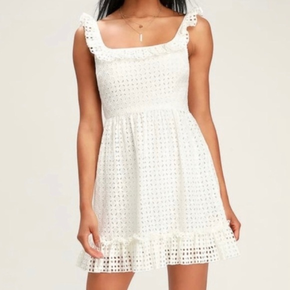 Lulus Dresses & Skirts - Lulus Make a Wish‎ White Eyelet Ruffled Mini Dress MEDIUM